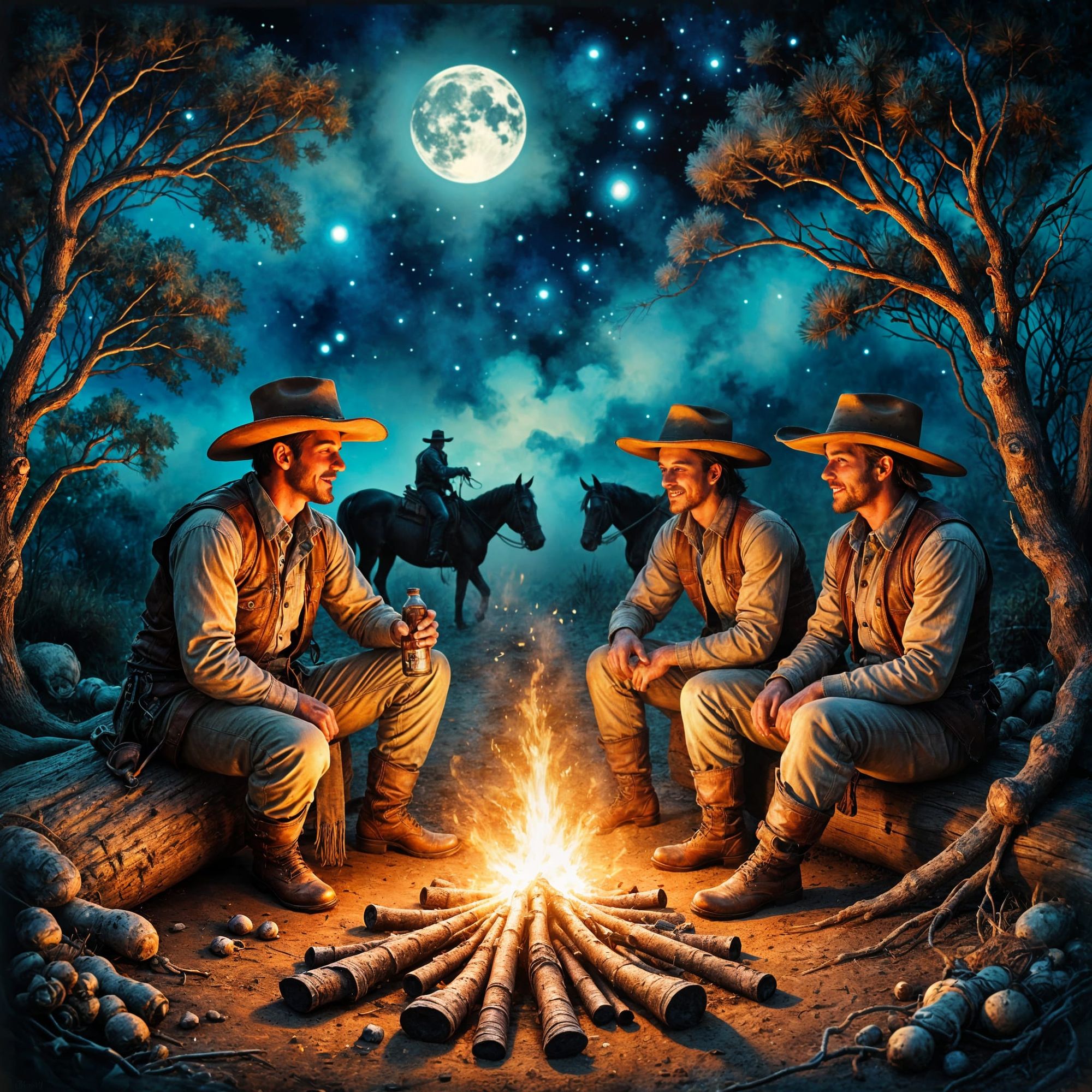 <lora:Ink Poet:1.0> <lora:Alcoholic Inks:1.0> A hyperrealistic cinematic artwork of cowboys sitting around a roaring campfire at night, thei...