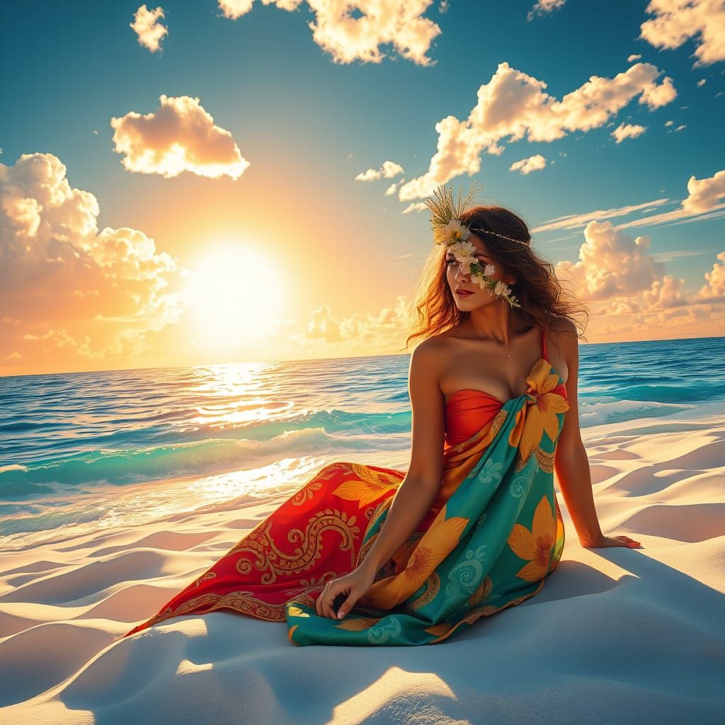 Surreal Beach Scene in Vibrant Art Nouveau Style