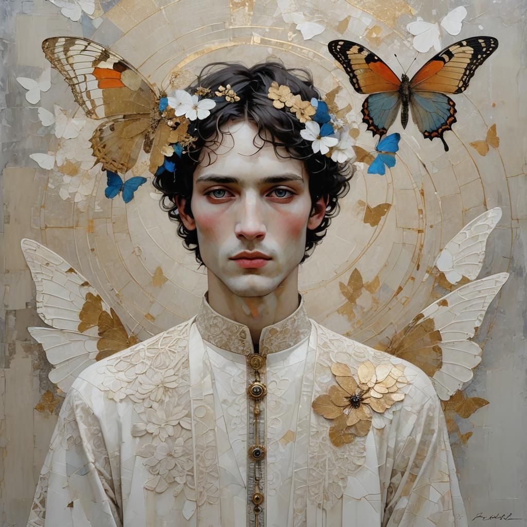 Richard Burlet; Minimalist, celestial young man with butterf...