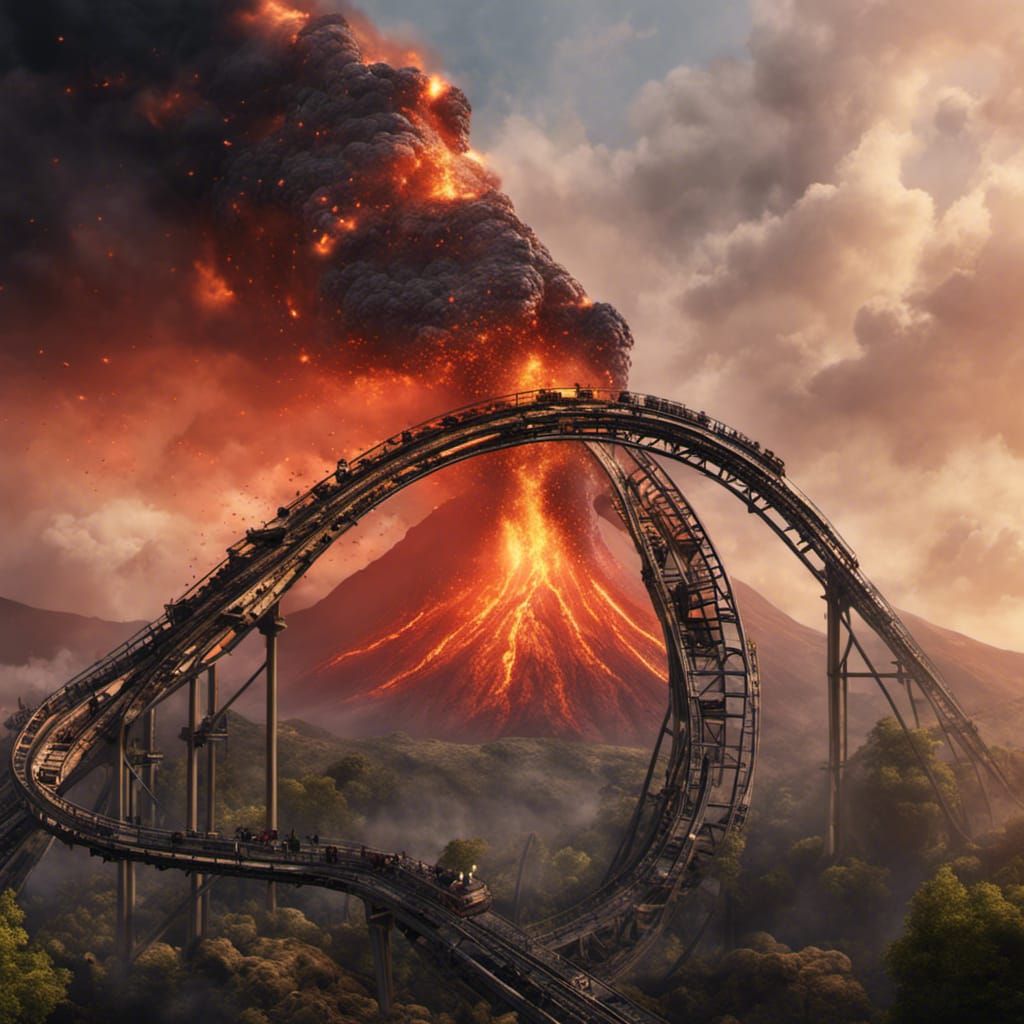 roller coaster near erupting volcano 8k AI Generated Artwork