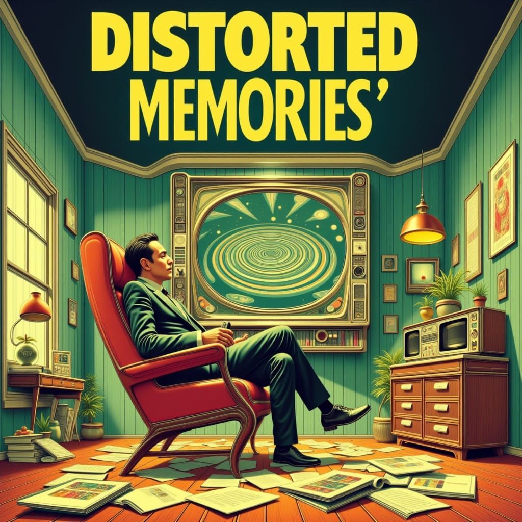 <lora:Limutopia:1.0>
 A suited man sits in a worn, wooden chair, surrounded by a cluttered, nostalgic space with light green walls and a woo...