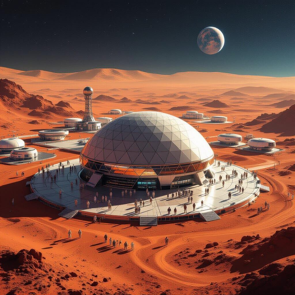 Erstelle ein Konzertarena  auf dem Planeten Mars. Wir sehen von oben auf einen Kuppelüberbaute Konzertarena ...  by @KarlYo