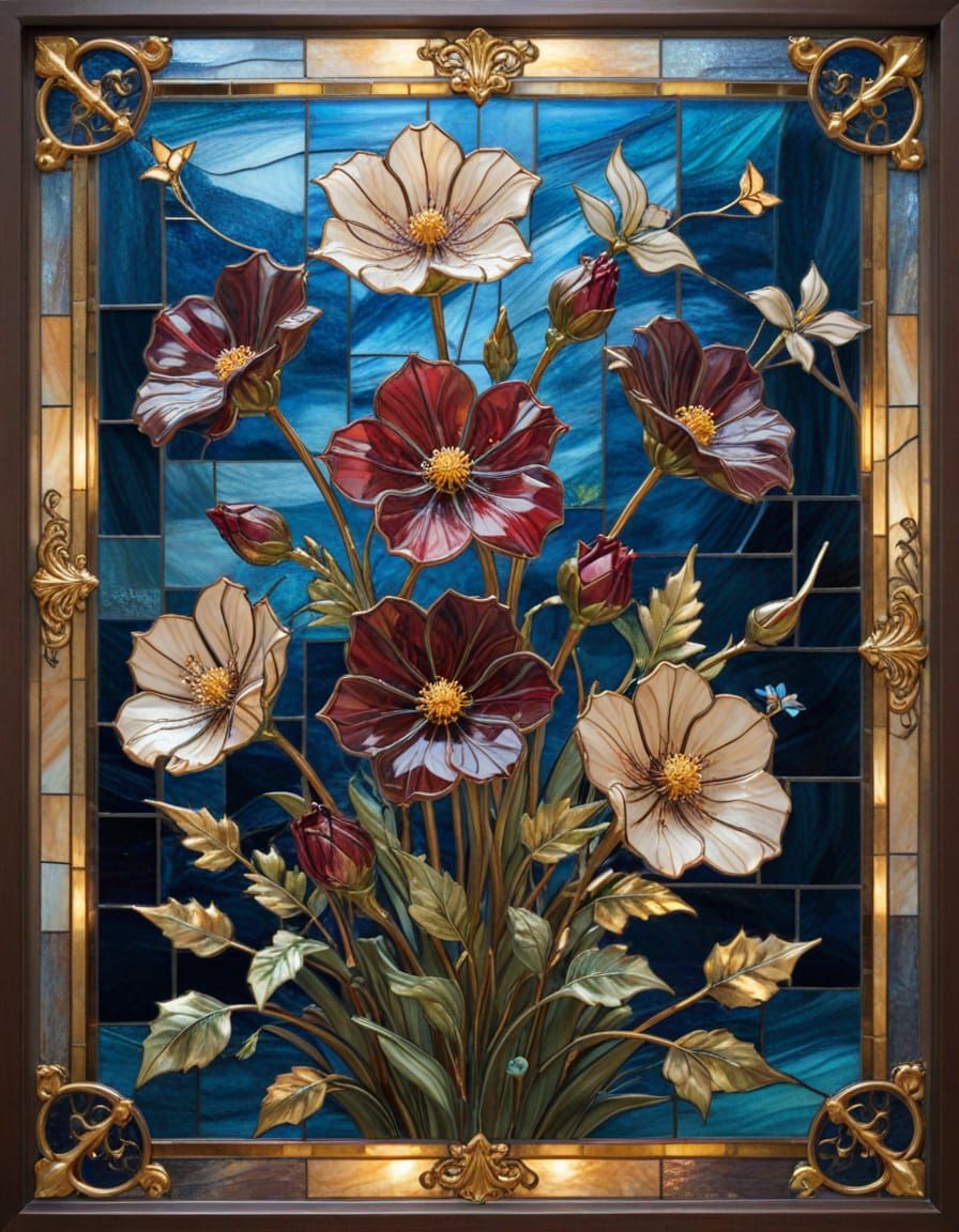 Square, traditional stained-glass artwork featuring chocolate cosmos flowers. Gold led lines and textured glass create intricate details, se...