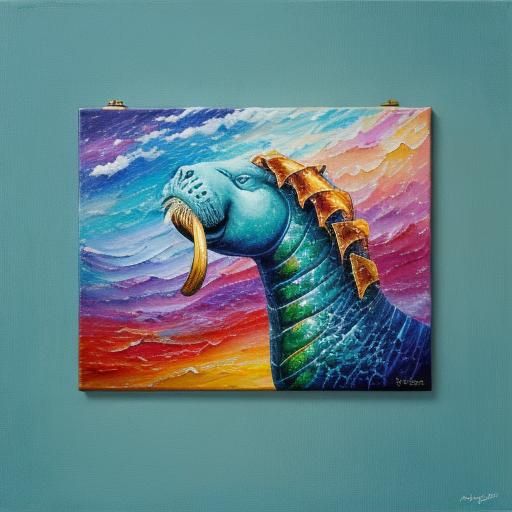 Surreal Walrus in Deep Sea Palace, Expressionist Oil Paintin...