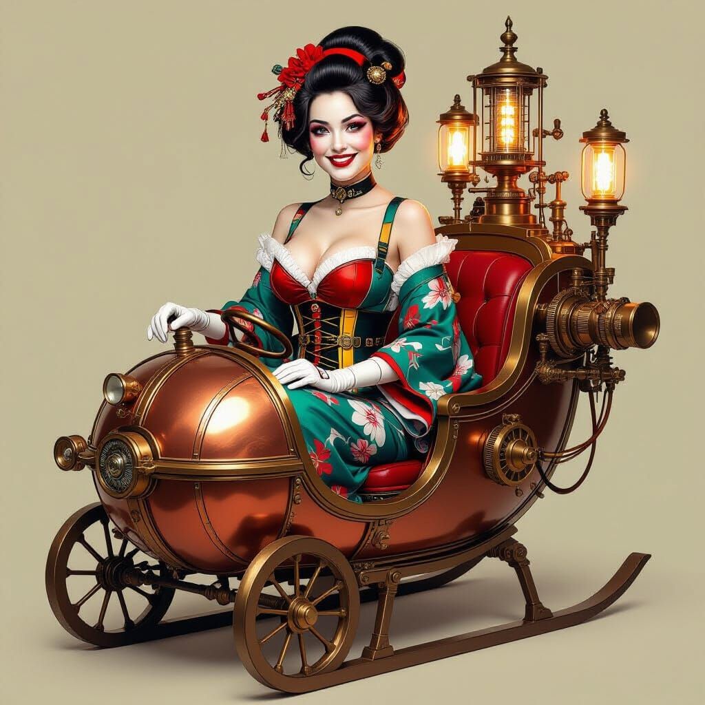 Smiling Victorian era Harley Quinn as a Geisha with deep v bust, sitting in an HG Wells Time Machine shaped like a copper sleigh , full body ...