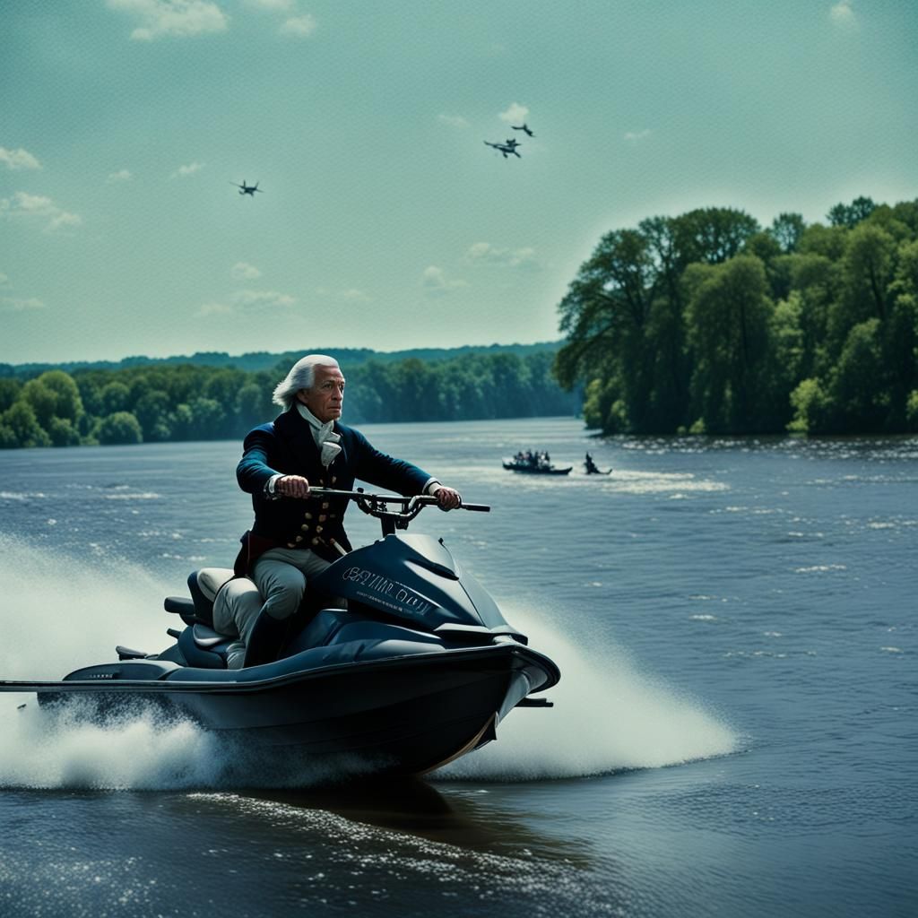Washington crosses the Delaware on a jetski  by @DJDiztorted