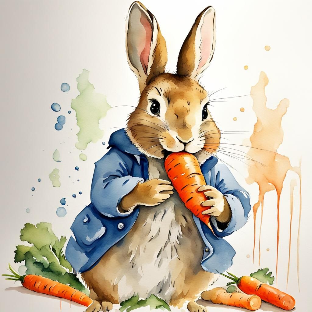 Peter Rabbit eating a carrot. Water color. White background.  by @SaraW