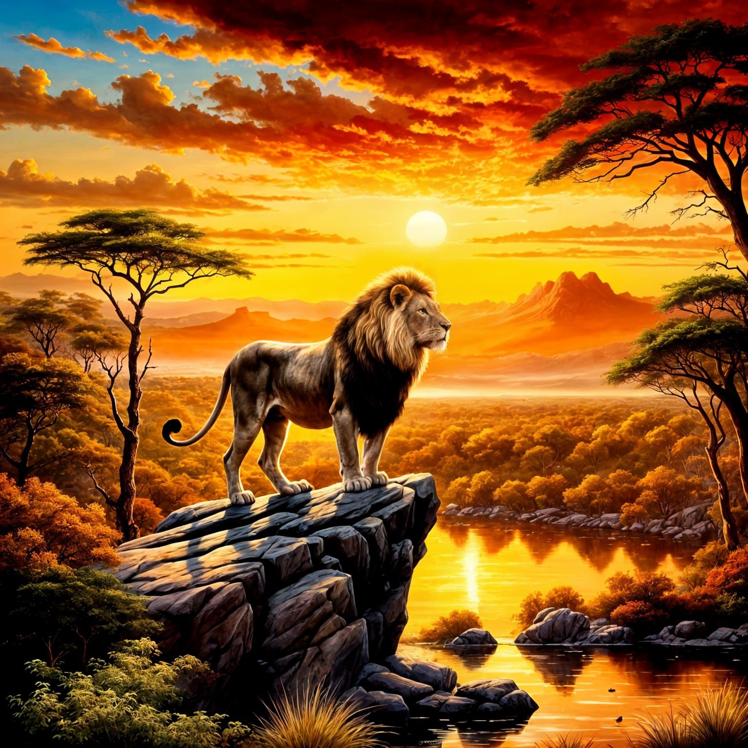 A majestic lion stands proudly on a rocky outcropping overlooking a vast African savanna at sunset, bathed ...  by @Pinto