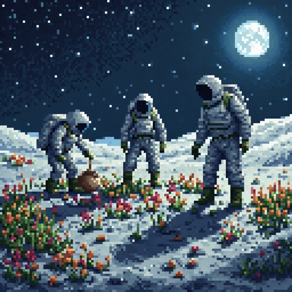 Three men in spacesuits tending to the flowers in a geodesic dome of atmosphere on the moon. <lora:PixelCarnaval:1.0> 