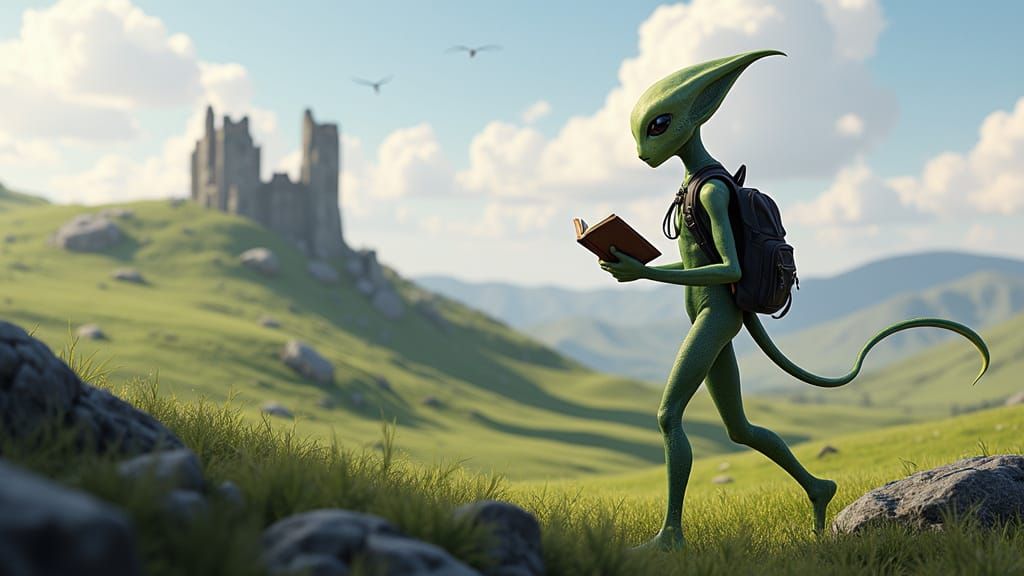 A lone alien traveler walking through a landscape resembling County Kerry in Ireland. Tall, elegant alien with non-human anatomy, backpack o...
