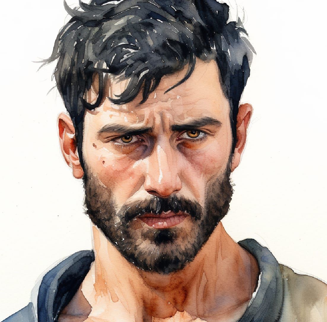 Timur, watercolour portrait of an angry young bearded man
