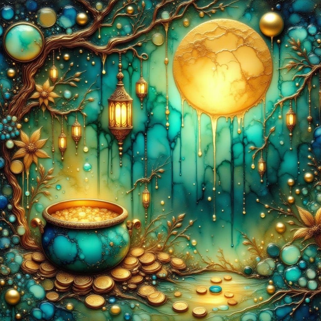 <lora:Teal and gold:1.0> <lora:Alcohol Ink Splash:1.0> pot of gold coins full golden moon hanging gold lanterns in an enchanted forest ether...
