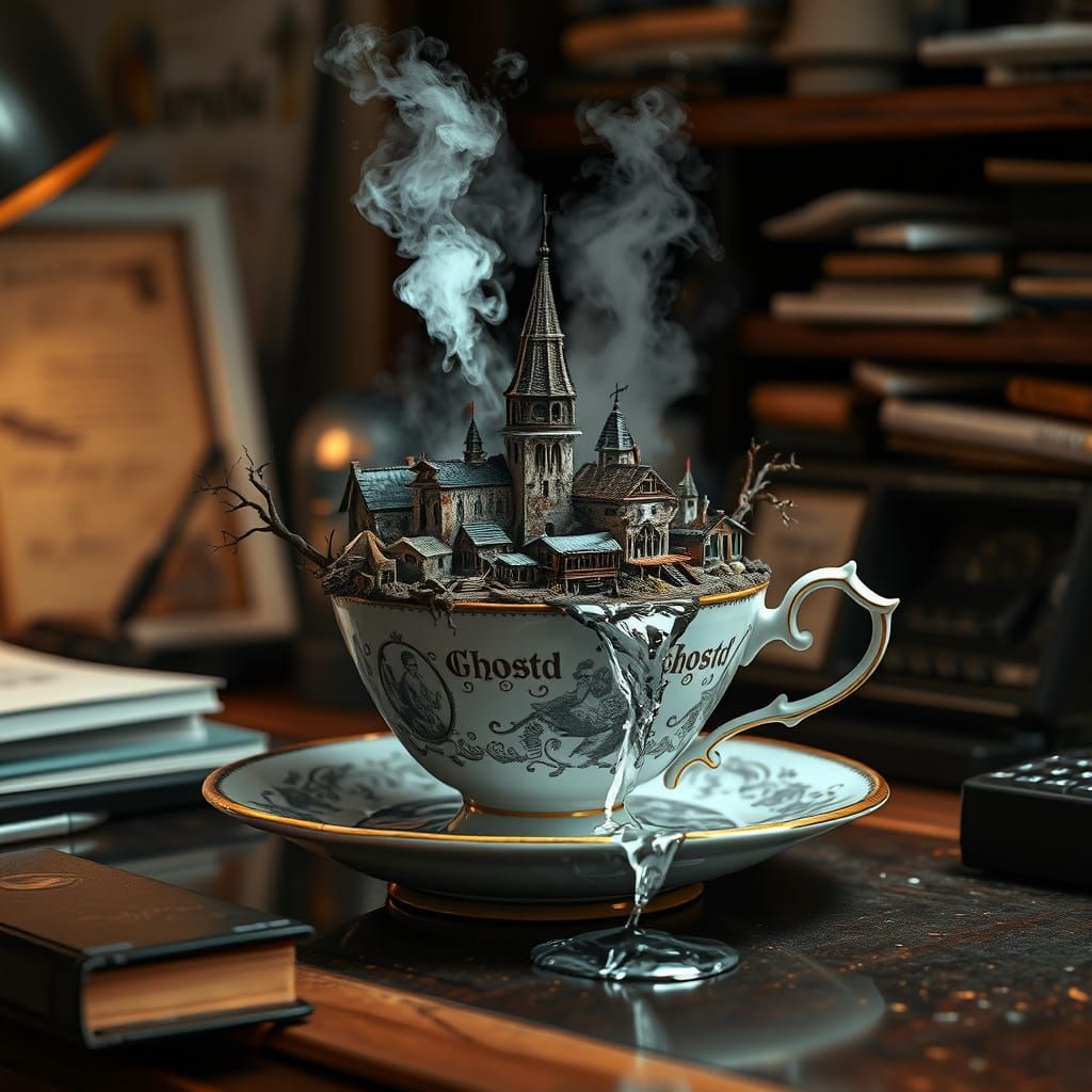 Ghost town floating on a teacup with a waterfall streaming down the side in an office  by @ISPI AI Art