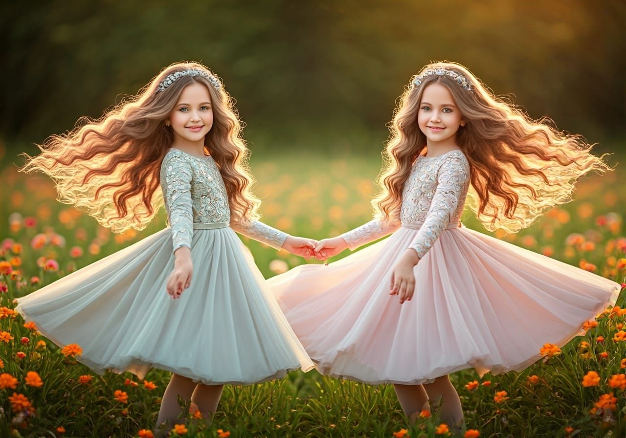 Twin Sisters Dancing in Flower Field, Photorealistic Cel-Sha...