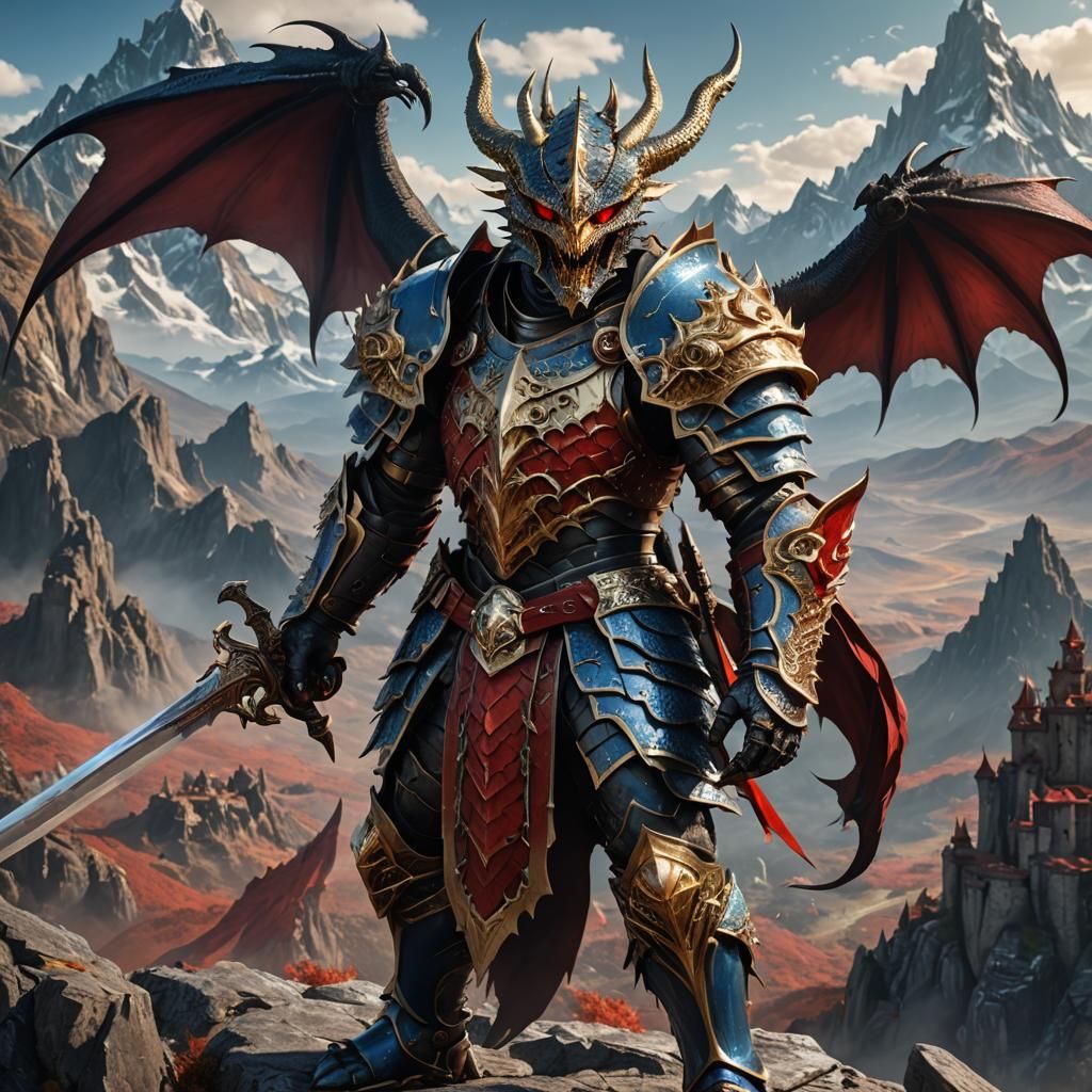 Fierce knight, dragon scale armor, wearing dragon skull, swo...