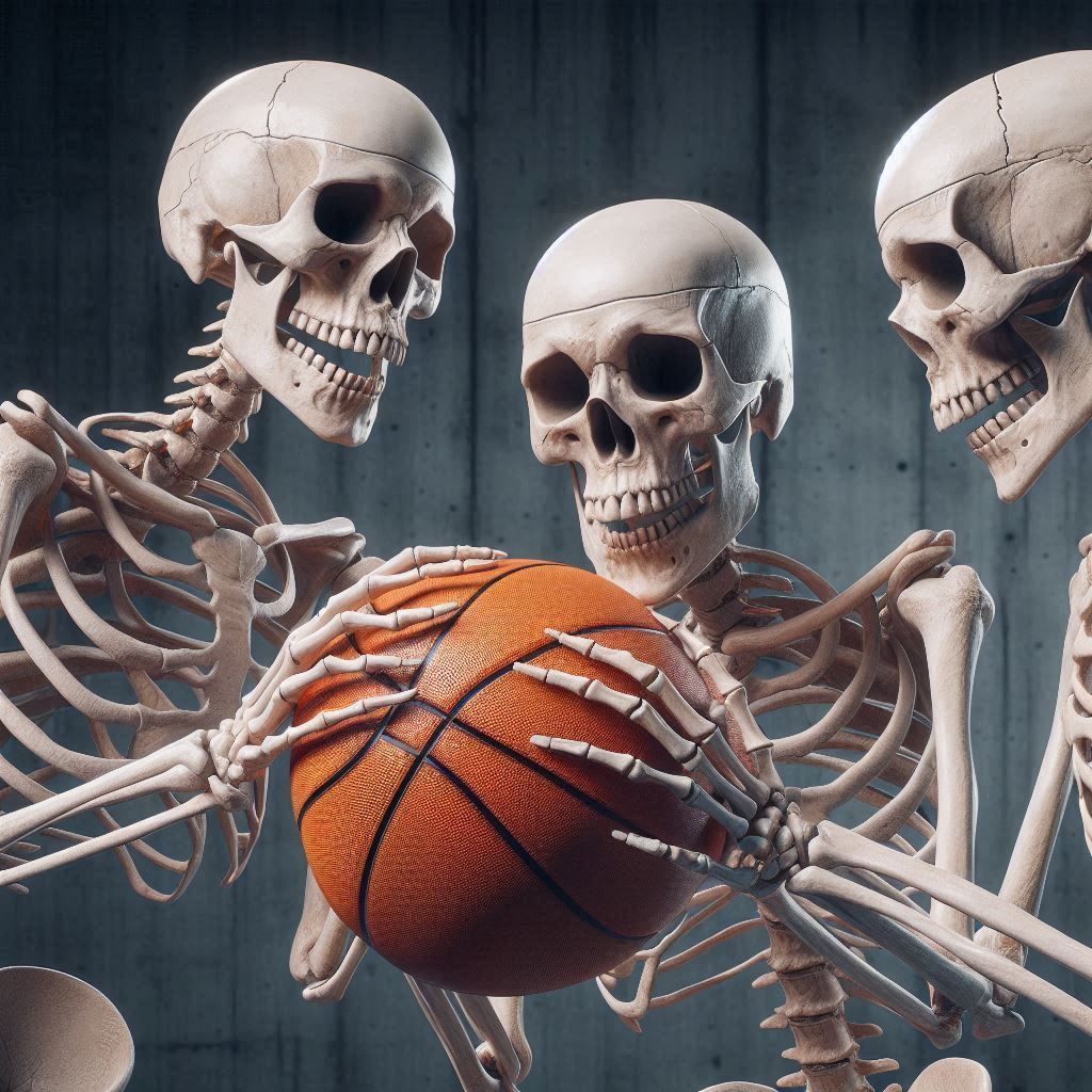 Skeletons playing basketball
