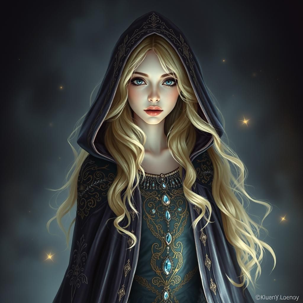 A contemporary mesmerizing enchantress, with blonde hair, hypnotic and mysterious   by @bibillou