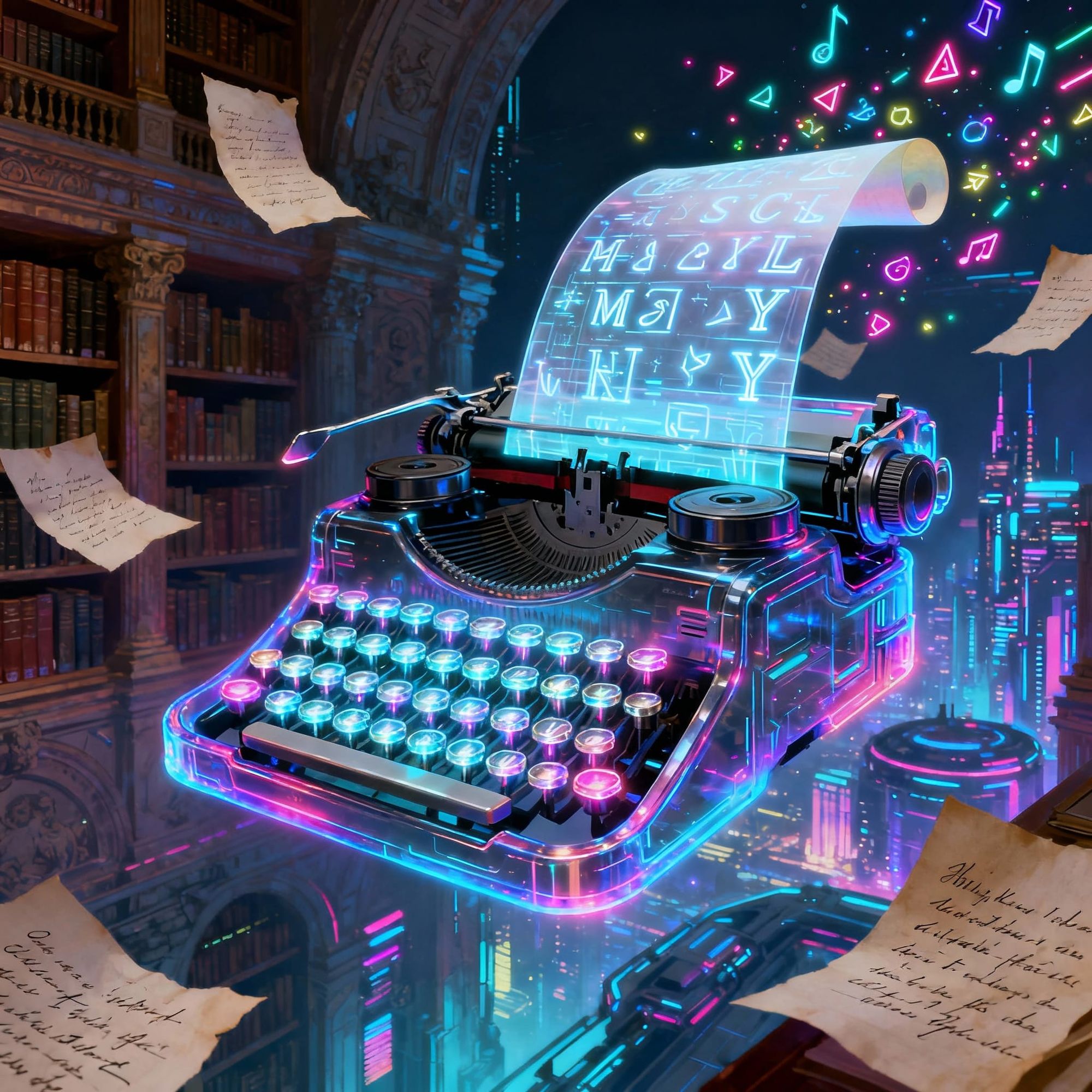 A futuristic artistic scene: a glowing typewriter floating in midair, each key shining like a hologram. Instead of paper, a transparent digi...