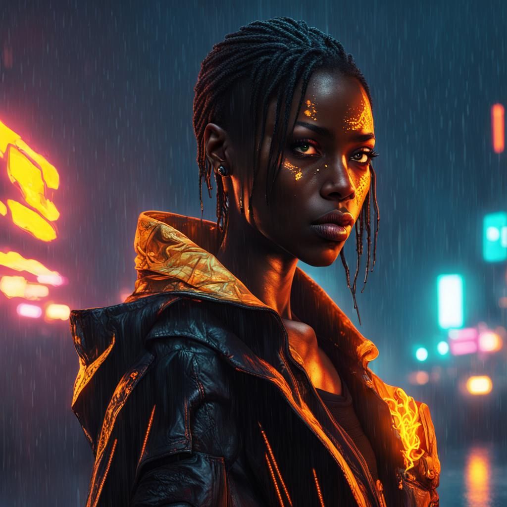 black woman with fire in her eyes standing in rain