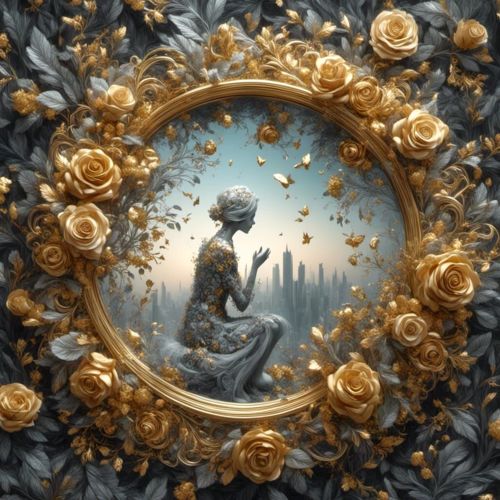 Golden Roses Reflected in Ornate Mirror