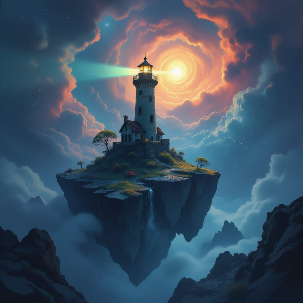 A lone, weathered lighthouse perched precariously on a floating island amidst a nebula of swirling cosmic dust and distant galaxies. The isl...