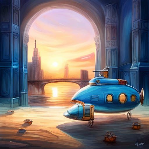 a whimsical submarine with a blue hue and large windows
