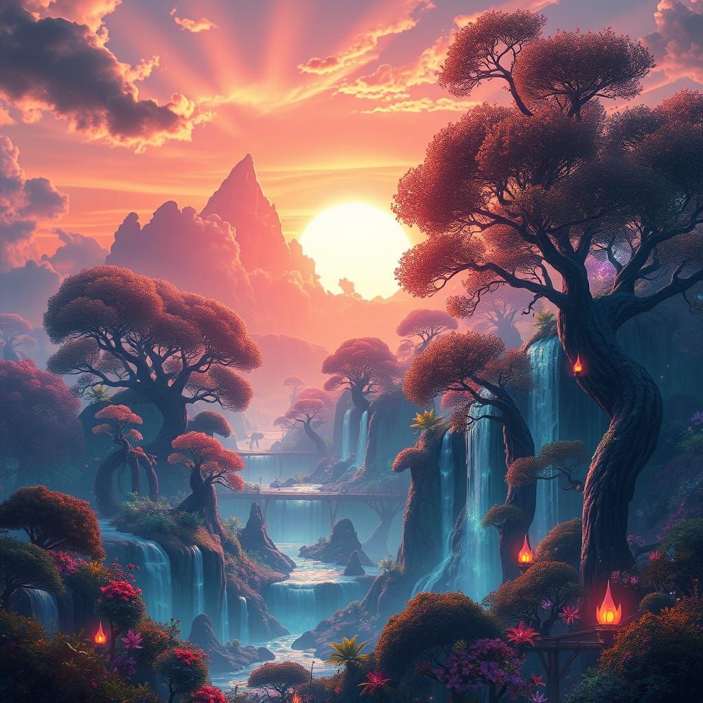 Ethereal Fantasy Landscape with Glowing Trees and Iridescent...