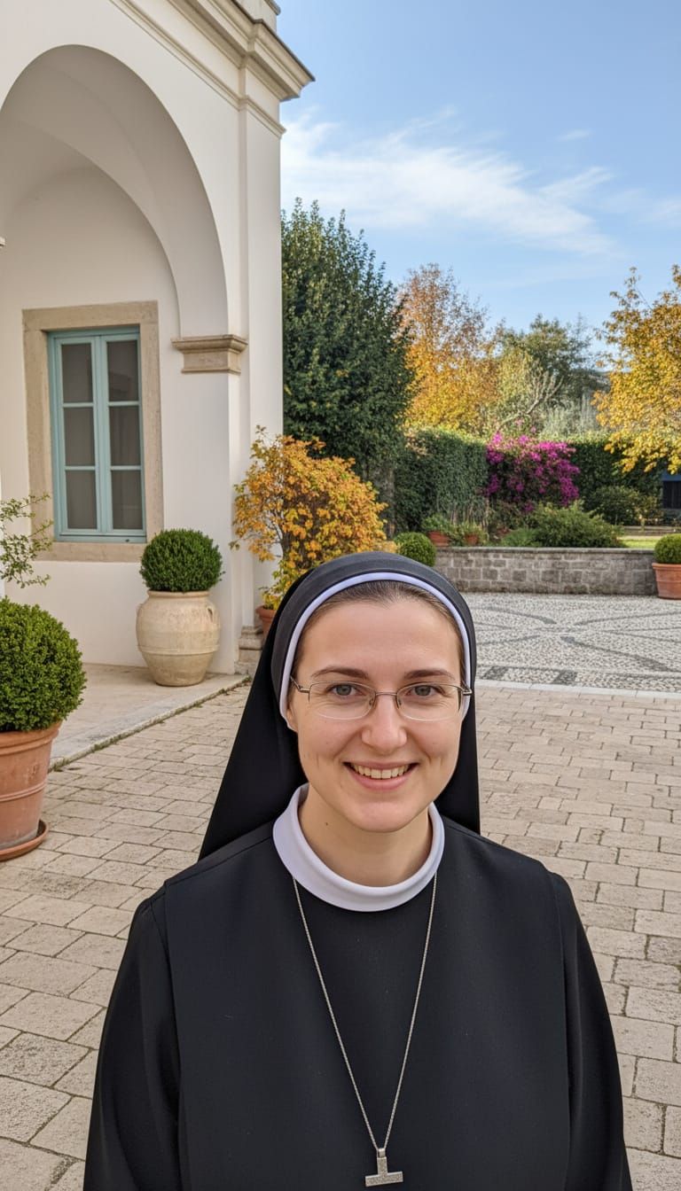 Young Woman in Habit, Monastery Courtyard Selfie