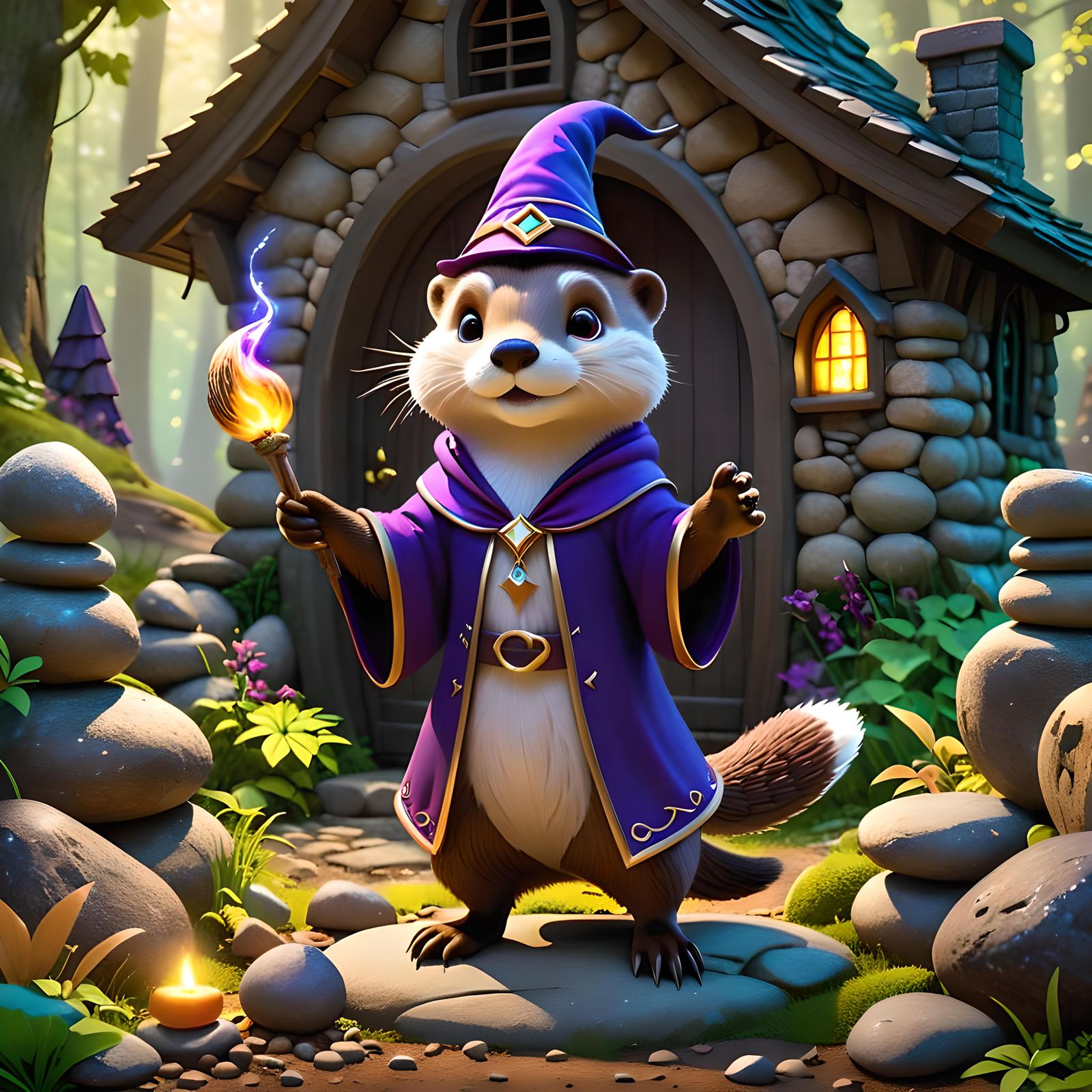 Anthropomorphic otter in wizard outfit casting a spell, outside a witch ...