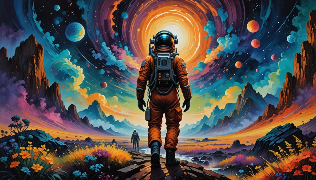 Digital painting. An astronaut stands on an alien planet, gazing at a swirling nebula in the sky. Strange, ...  by @Moonflowerrose69