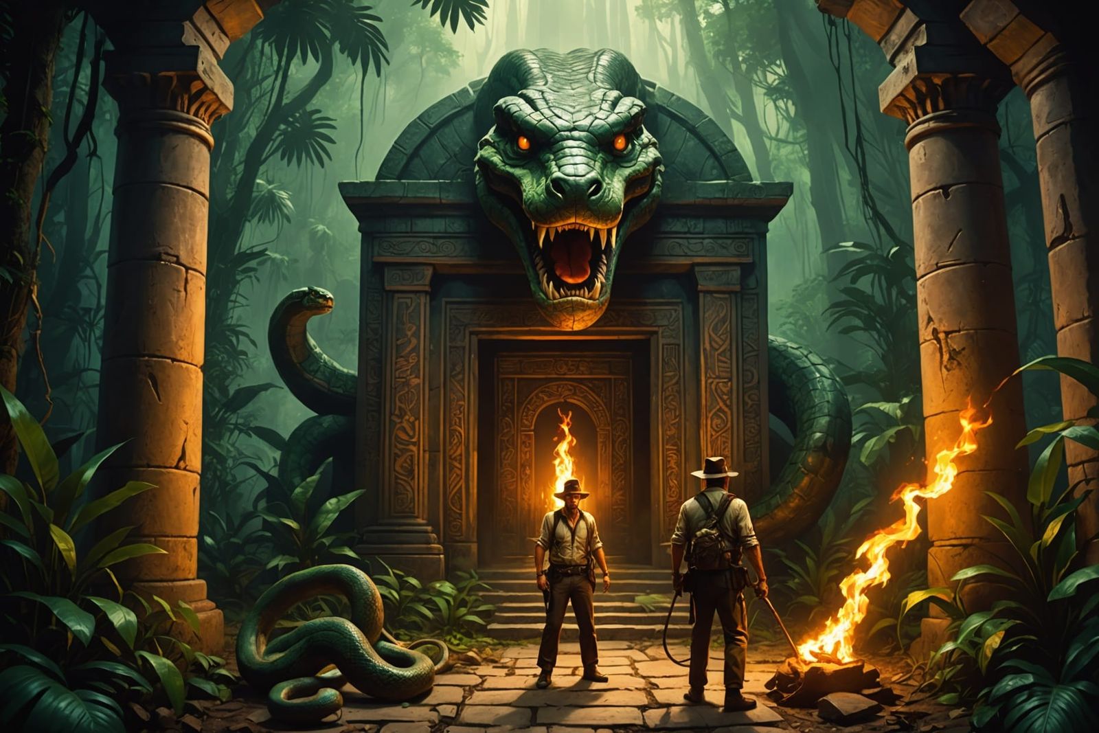 A temple in the middle of the jungle, with a large snake hea...