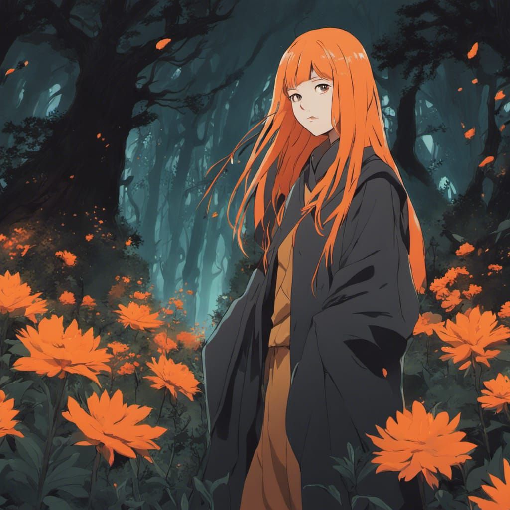 serious woman long bright orange hair fantasy saint with lar...