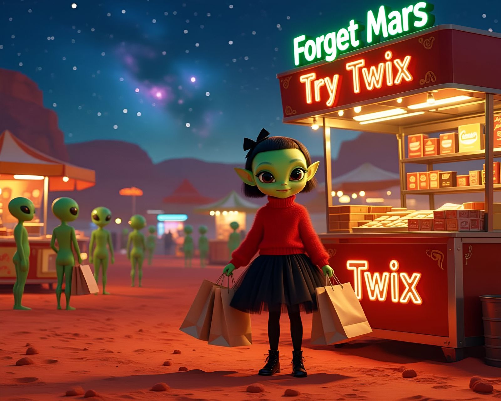 Cute alien girl holding paper shopping bags standing in front of a chocolate stand at a martian alien market  by @Fokje