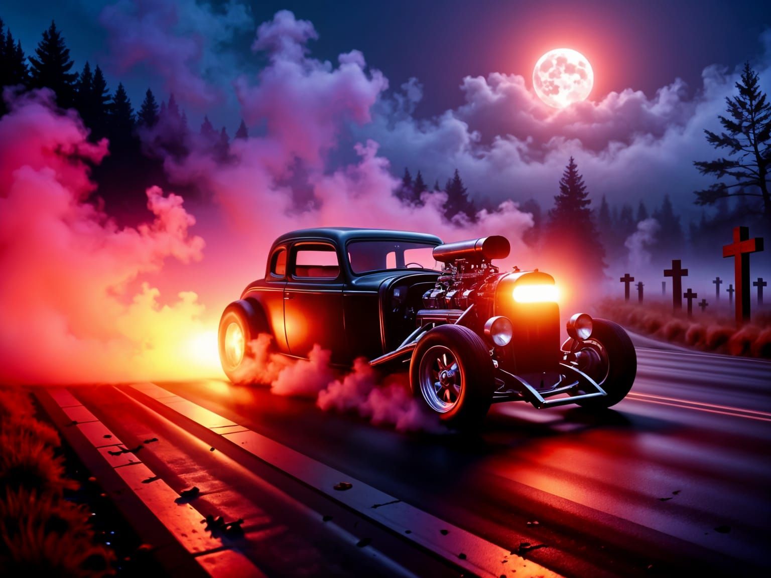 ghostly drag race at midnight, spectral RAT ROD burning through fog at us, glowing engine blocks, haunted chrome, tires leaving trails of fi...