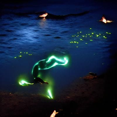 A man swimming with bioluminescent fish