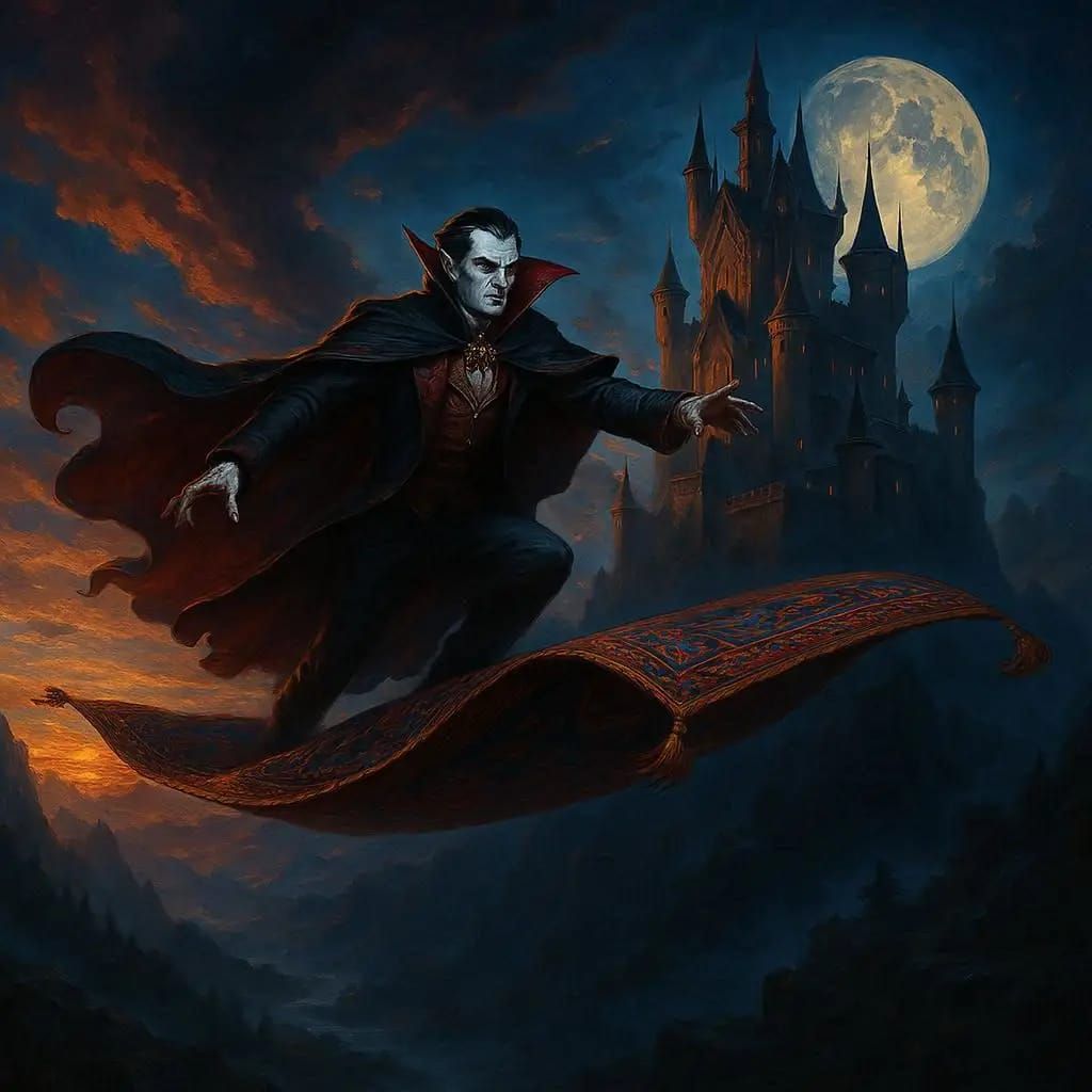 Dracula travelling on flying carpet
