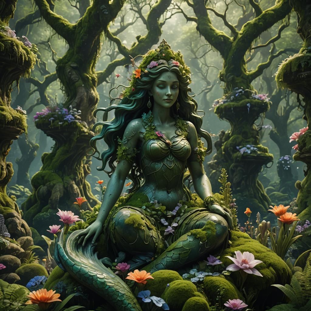Mossy Mermaid Statue in Enchanted Forest