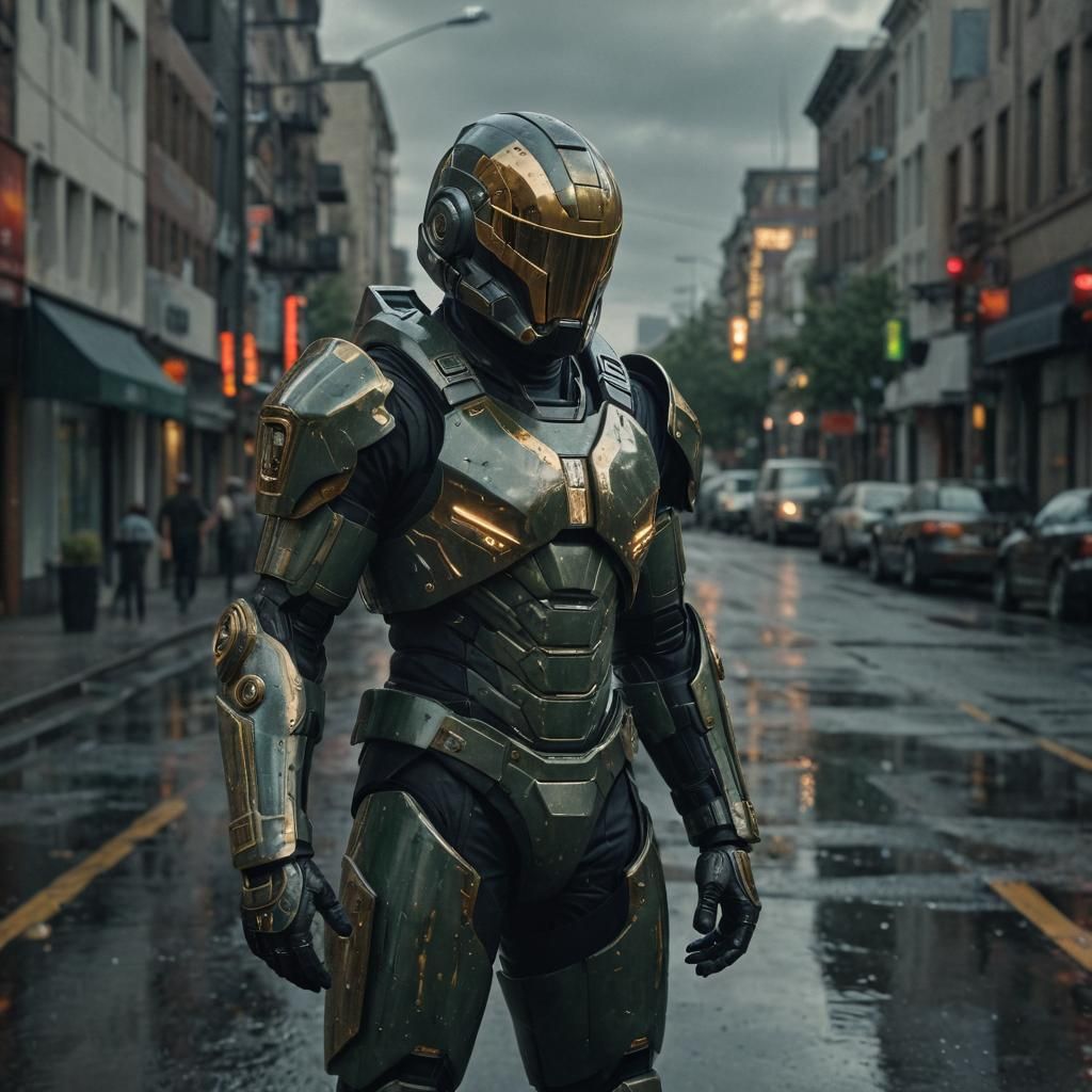 Futuristic Soldier in Advanced Armor on City Street