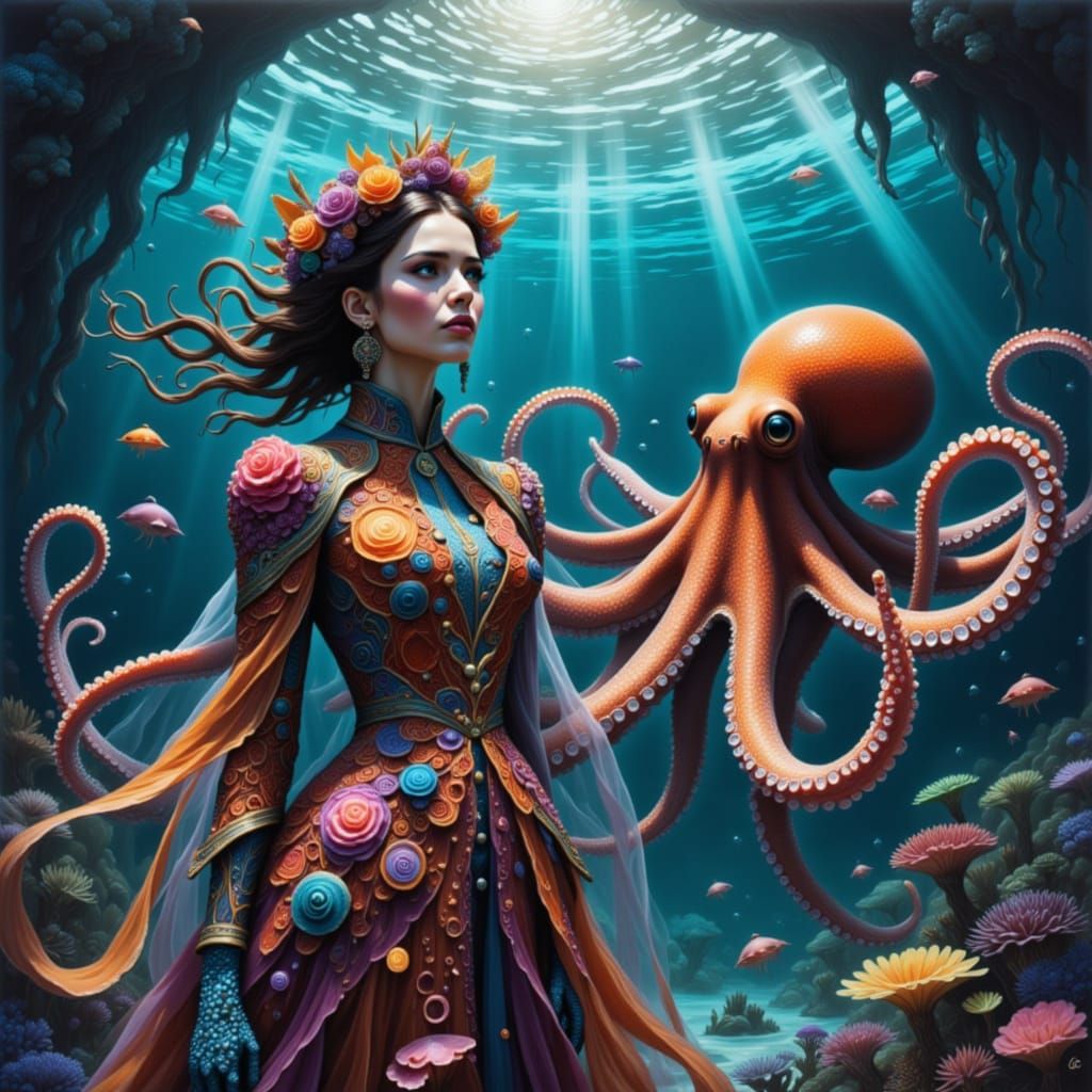 <lora:My pets:1.0> <lora:My outfits:1.0> underwater model wearing coral inspired runway outfit next to a octopus
