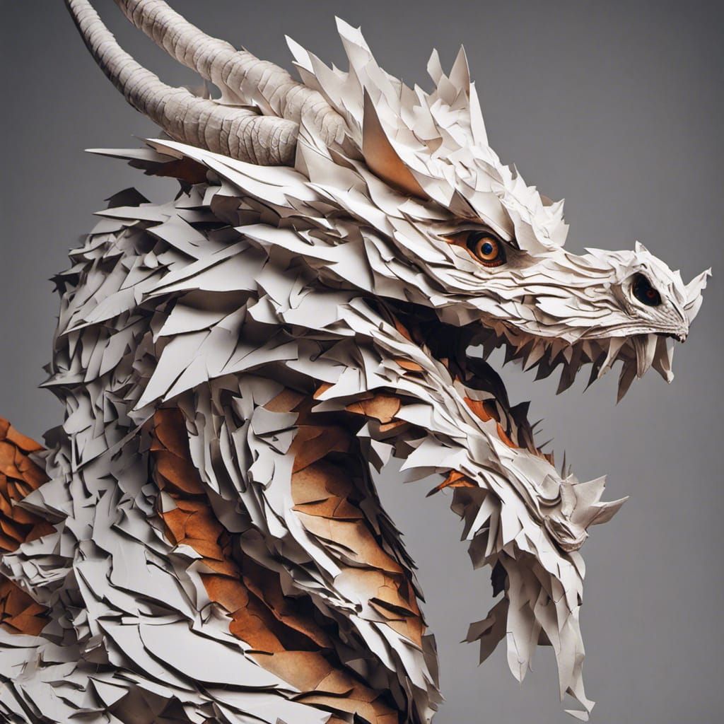 Ripped paper sculpture of a Dragon
