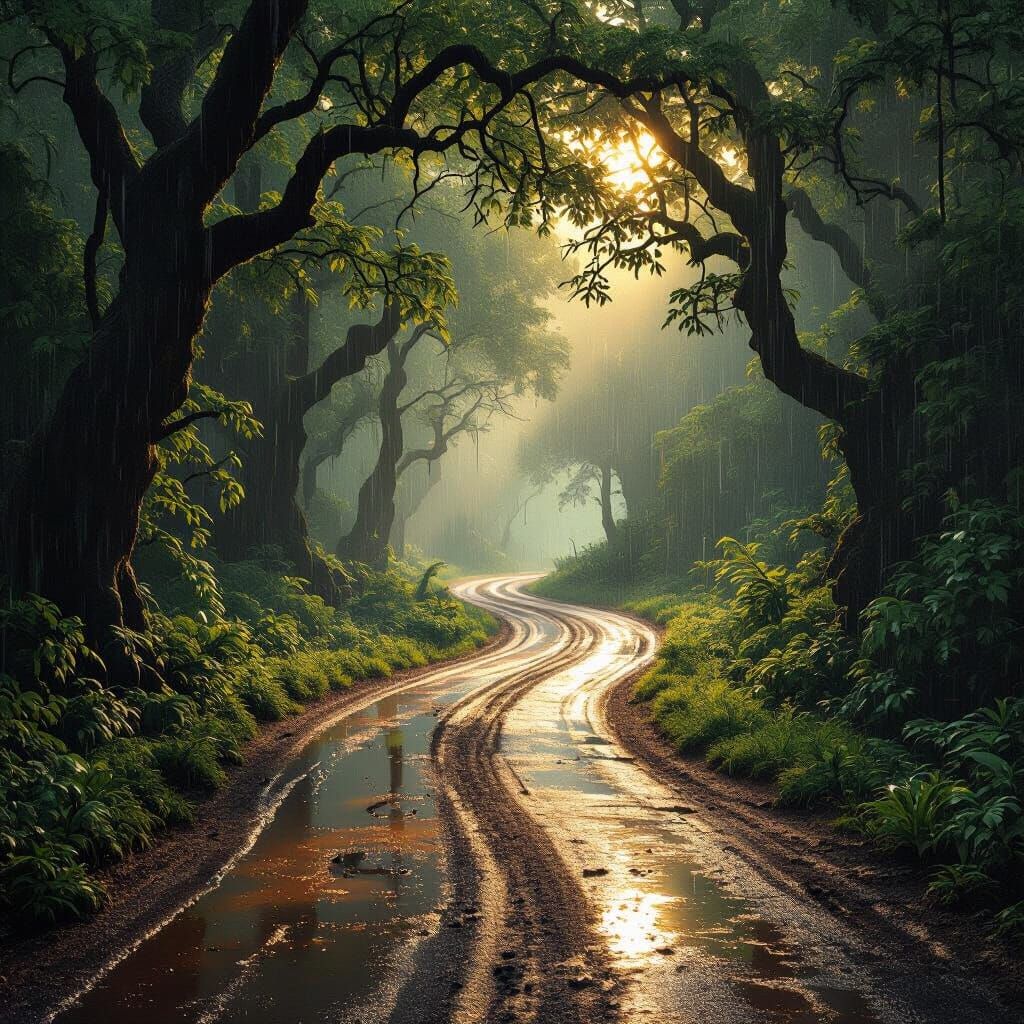 Raining in middle of the forest road 