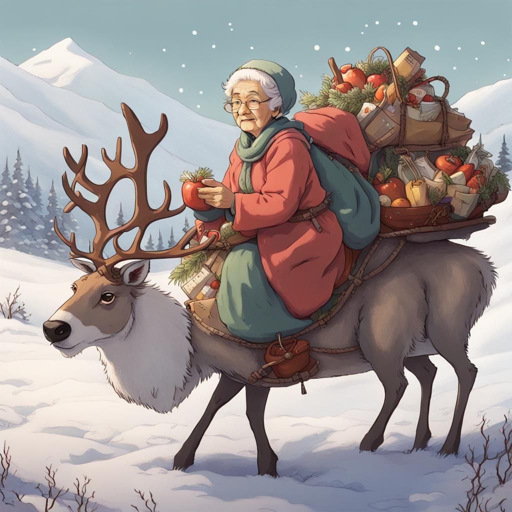 Laplandian granny with her groceries riding a reindeer in tu...