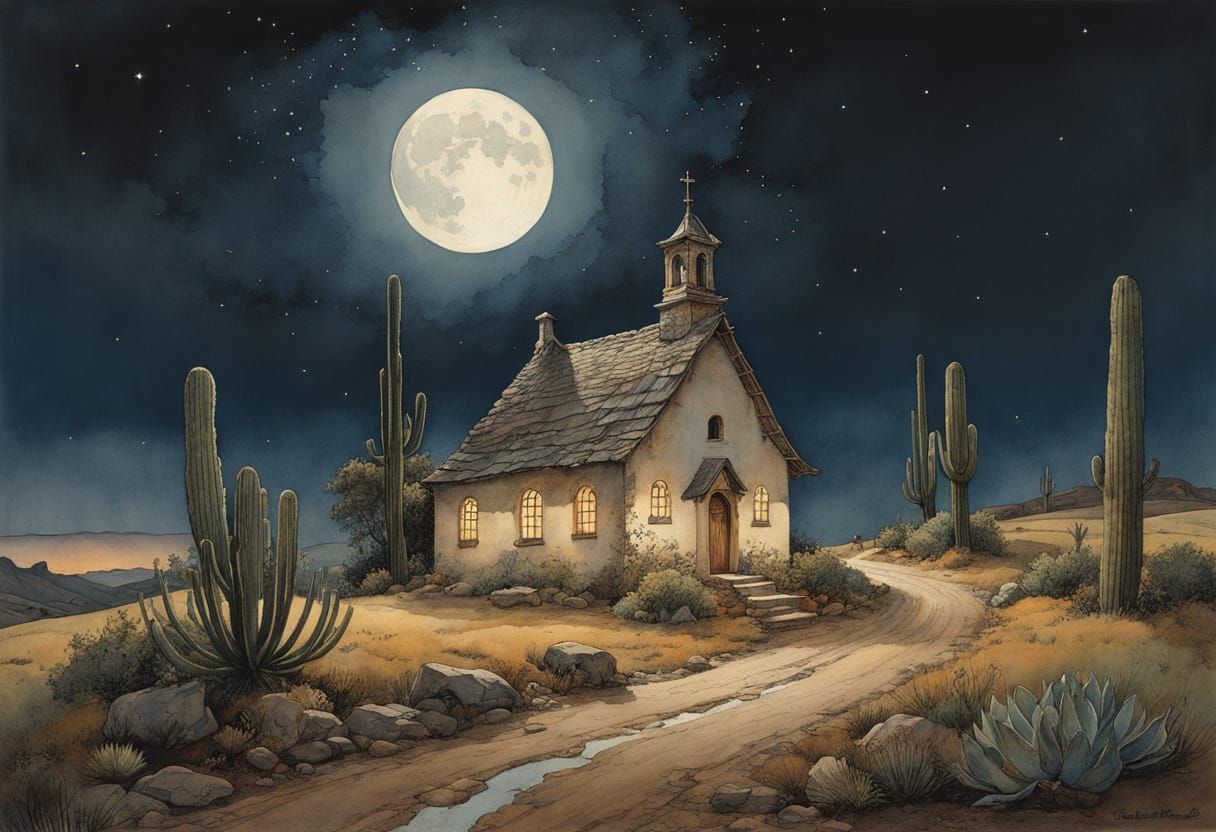 Arizona Night Scene in Storybook Illustration Style