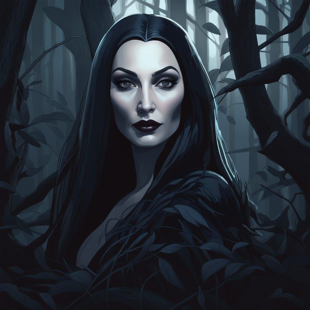 Morticia Addams Vogue Style Posing In A Dark Forrest, Pale Moonlight 