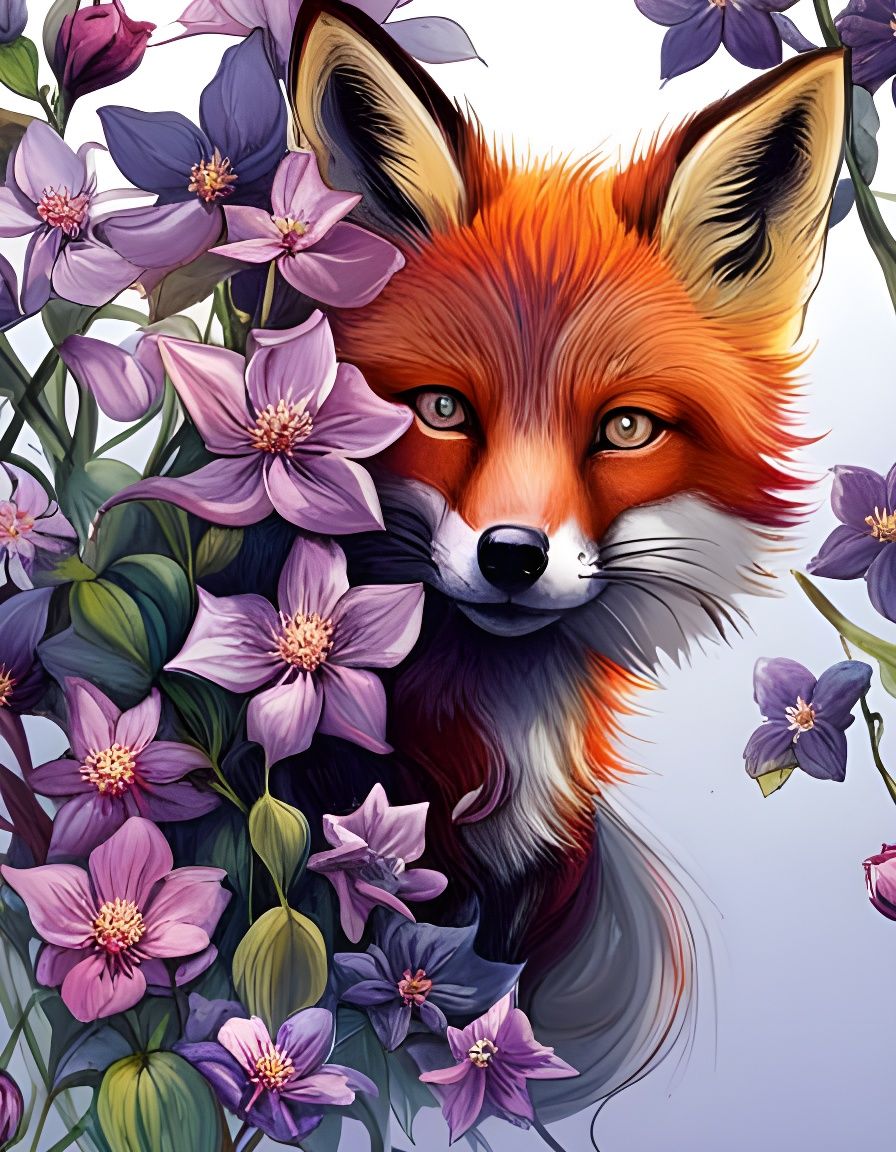 Chibi fox and clematis  by @Floraaplus