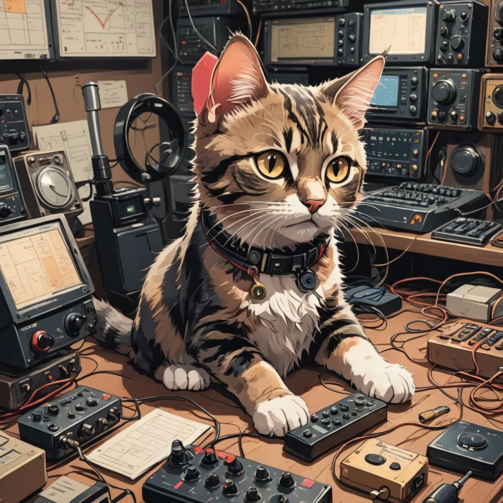a cat with a ham radio, Masterpiece, Best Quality, flat, Manga Scan, Anime, cinematic lighting, drawn ...  by @undefined