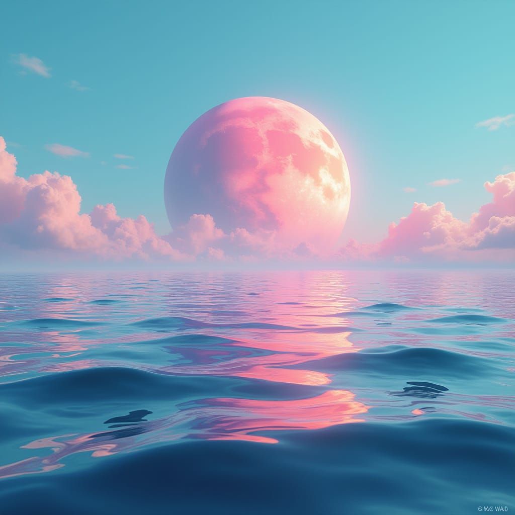Ocean Waves and a Distant Planet in Dreamy Style
