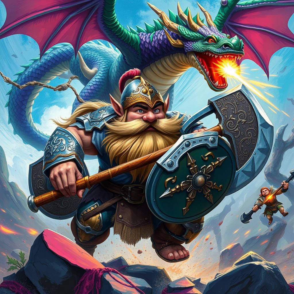 Dwarf Warrior Charges into Battle with Dragon