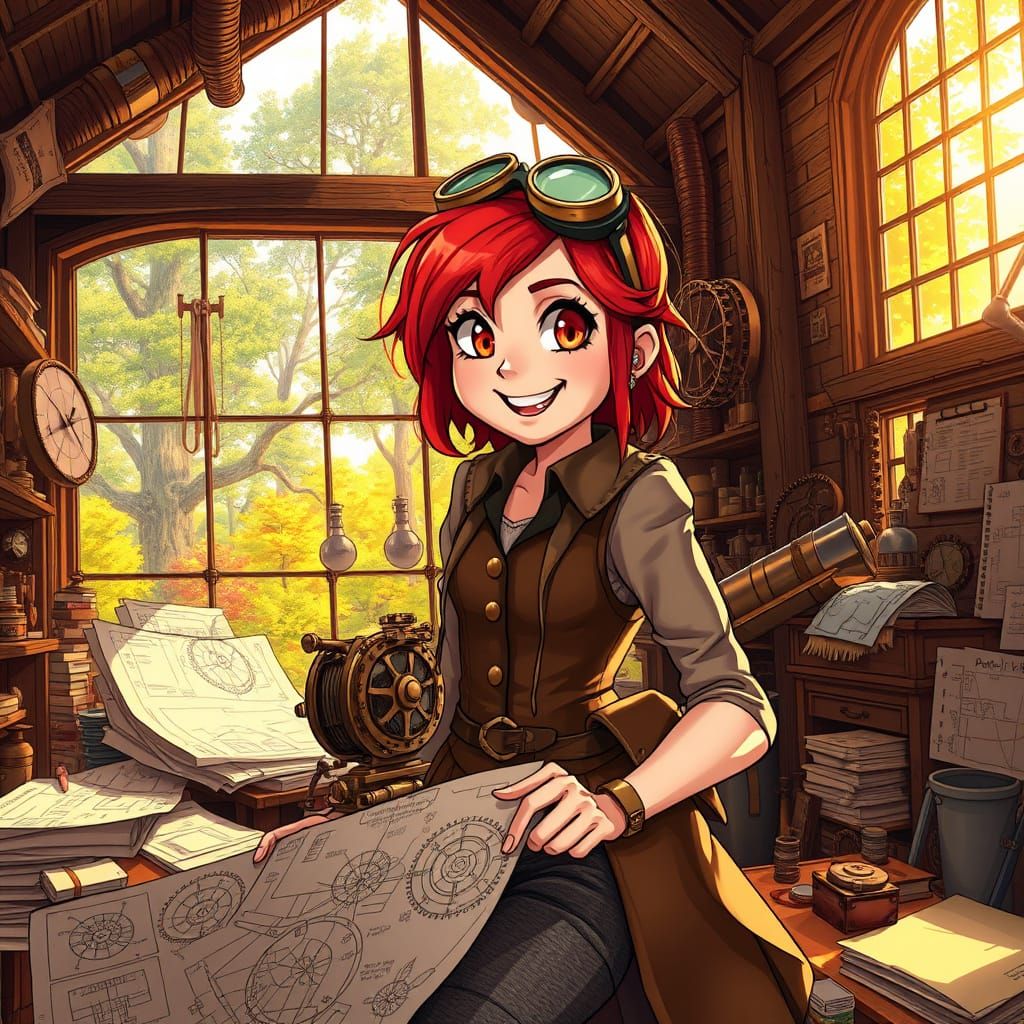 Red-haired girl, Mad scientist, around sheets, drawings
Steampunk inventor, she assembles a fantastic ...  by @Lo