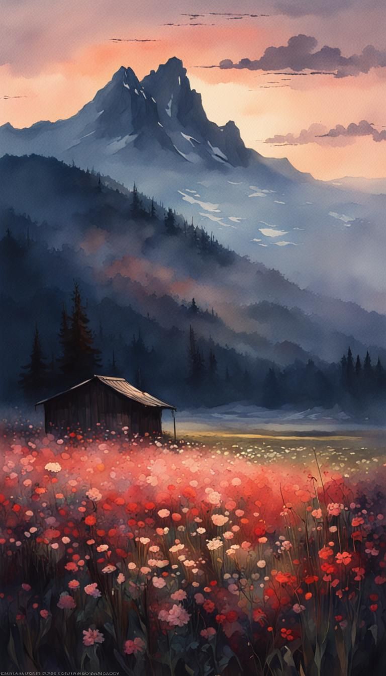 Sunrise Flower Field: Watercolor Matte Painting